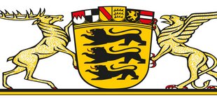 Warum die Badener keine Schwaben mehr sein wollen Wappen des Landes Baden-Württemberg mit drei schwarzen Löwen auf goldenem Schild, darüber ein kleines Wappenschild; gehalten von einem Hirsch links und einem Greif rechts auf goldenem Grund.