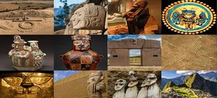 Collage von Skulpturen, Siedlungen und Buten der Anden-Zivilisation 