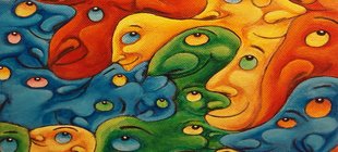 Puzzleartiger Cartoon, in welchem bunte Gesichter miteinander verschmelzen