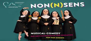 Fünf gezeichnete Nonnen in traditioneller Tracht.