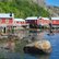 Rot gestrichene Holzhäuser auf den Lofoten; im Vordergrund Wasser, im Hintergrund bewaldete Berge