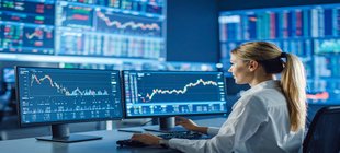 Eine Frau am Arbeitsplatz mit mehreren Monitoren, auf denen Finanzdiagramme und Daten angezeigt werden