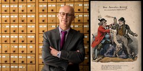 Portrait Prof. Robert Jütte und historische Karikatur über Ärztekrieg