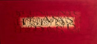 Rotes Gemälde mit Buchstaben in der Mitte