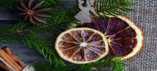 Orangenscheiben und Zimtstangen auf Tannengrün