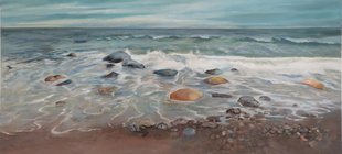 Ausstellungseröffnung Gemalte Brandung mit Steinen im Wasser