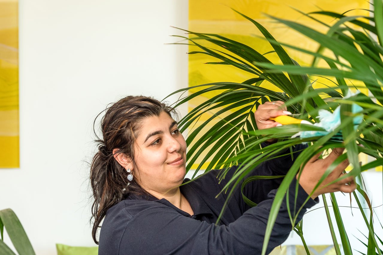 Eine Klientin der Augustinum Gärtnerei Hollern säubert eine Pflanze