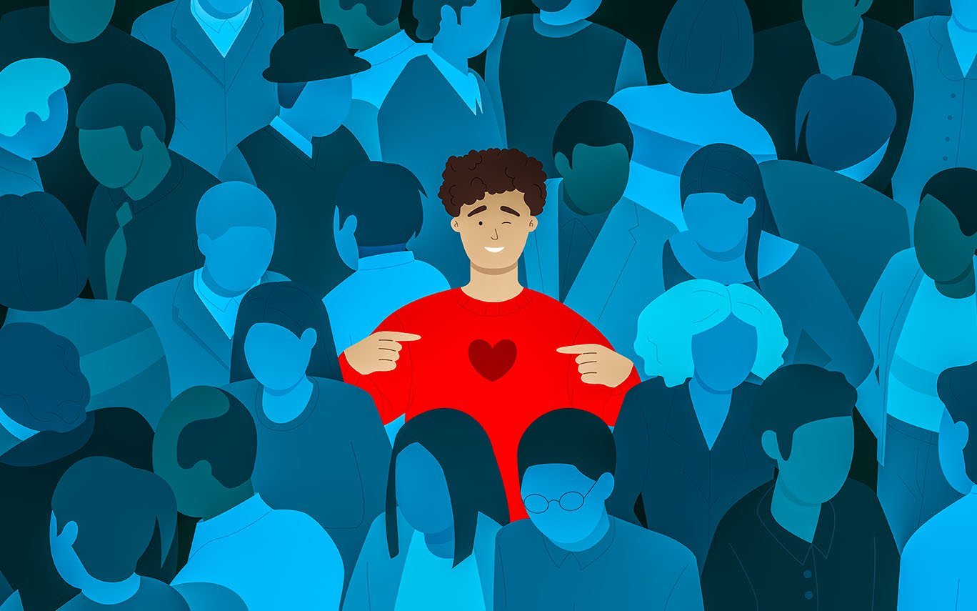 Illustration: Mann mit rotem Pullover mit Herzmotiv in einer anonymen Menschenmenge