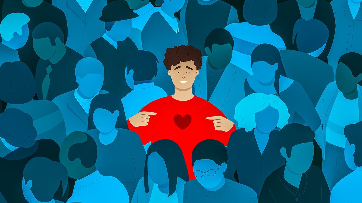 Illustration: Mann mit rotem Pullover mit Herzmotiv in einer anonymen Menschenmenge