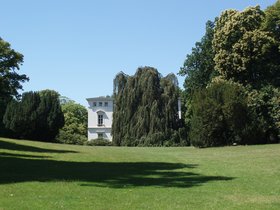Jenischpark mit Bäumen und Ausschnitt des Hauses