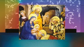 Es wird ein Engel Dir gesandt Historisches Gemälde der Anbetung des Jesuskindes mit Maria, weiteren Figuren und einem Ochsen vor farbig gestaltetem Hintergrund.
