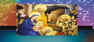 Historisches Gemälde der Anbetung des Jesuskindes mit Maria, weiteren Figuren und einem Ochsen vor farbig gestaltetem Hintergrund.