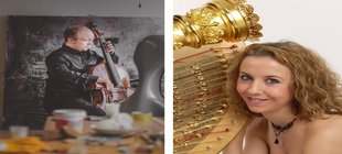 Portrait der Musikerin Emilie Jaulmes mit Harfe und dem Musiker Felix Thiedemann mit seinem Cello