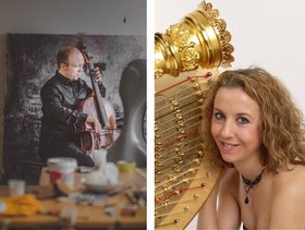 Portrait der Musikerin Emilie Jaulmes mit Harfe und dem Musiker Felix Thiedemann mit seinem Cello