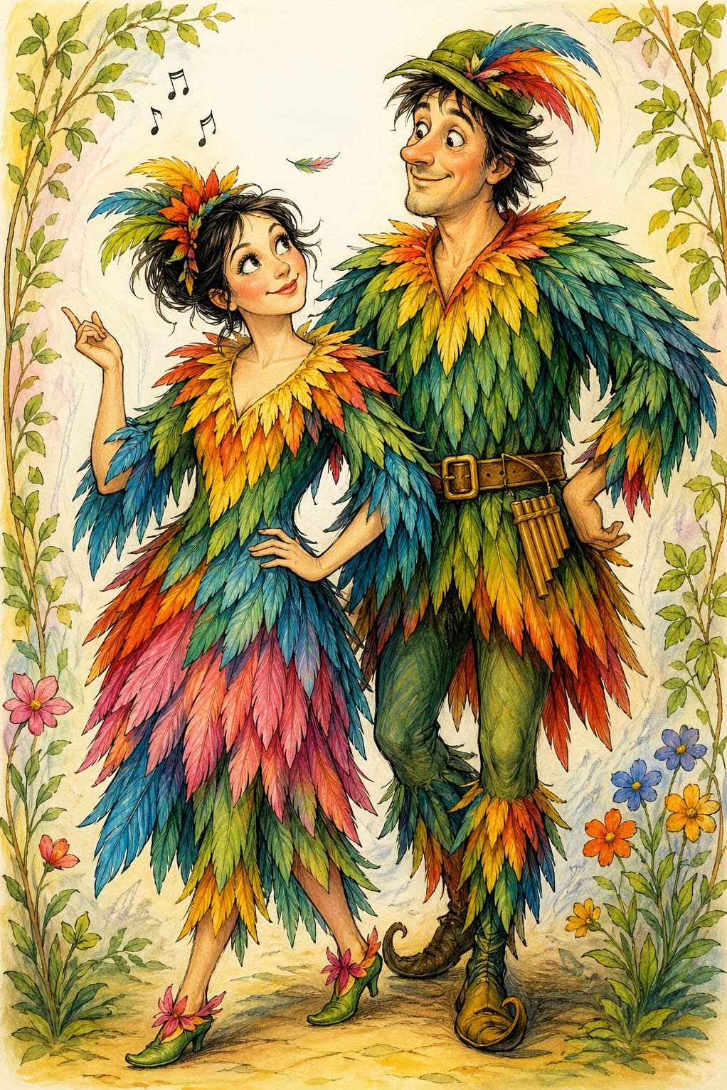 Illustration von Papagena und Papagena im Vogelkostüm