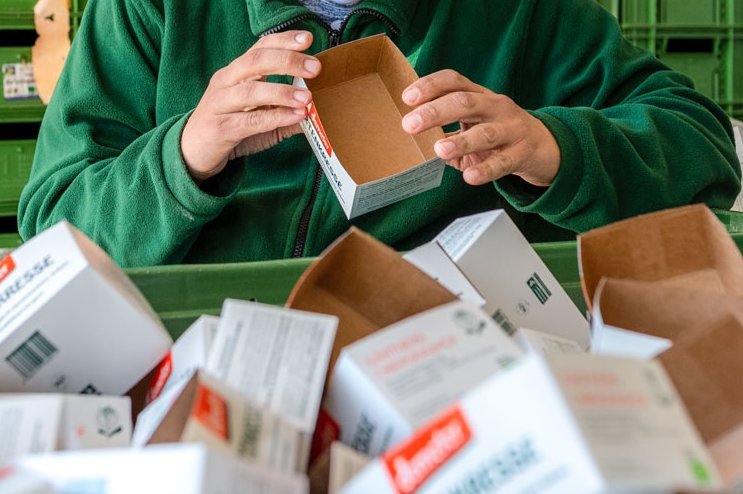 Ein Klient der Augustinum Gärtnerei Hollern faltet Kresseverpackung