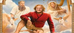 Lachender Mann auf Wolke zwischen Engeln