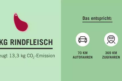 Eine grafik, die darstellt, dass 1kg Rindfleisch, 13,3kg Co2 Emissionen verursacht