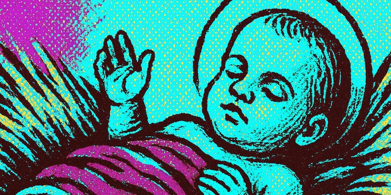 Jesus in der Krippe, farbiger Siebdruck