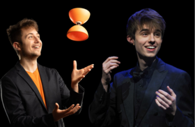 Ein lächelnder Jongleur wirft ein Diabolo hoch, neben ihm ein lächelnder Zauberkünstler