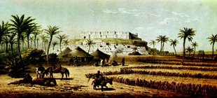 Oasenlandschaft mit Feldern, Palmen, Reitern, Zelten und einer Festung