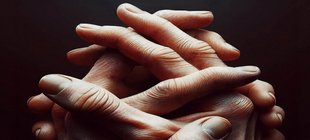 KI-generiertes Bild verschränkter Hände mit zu vielen Fingern
