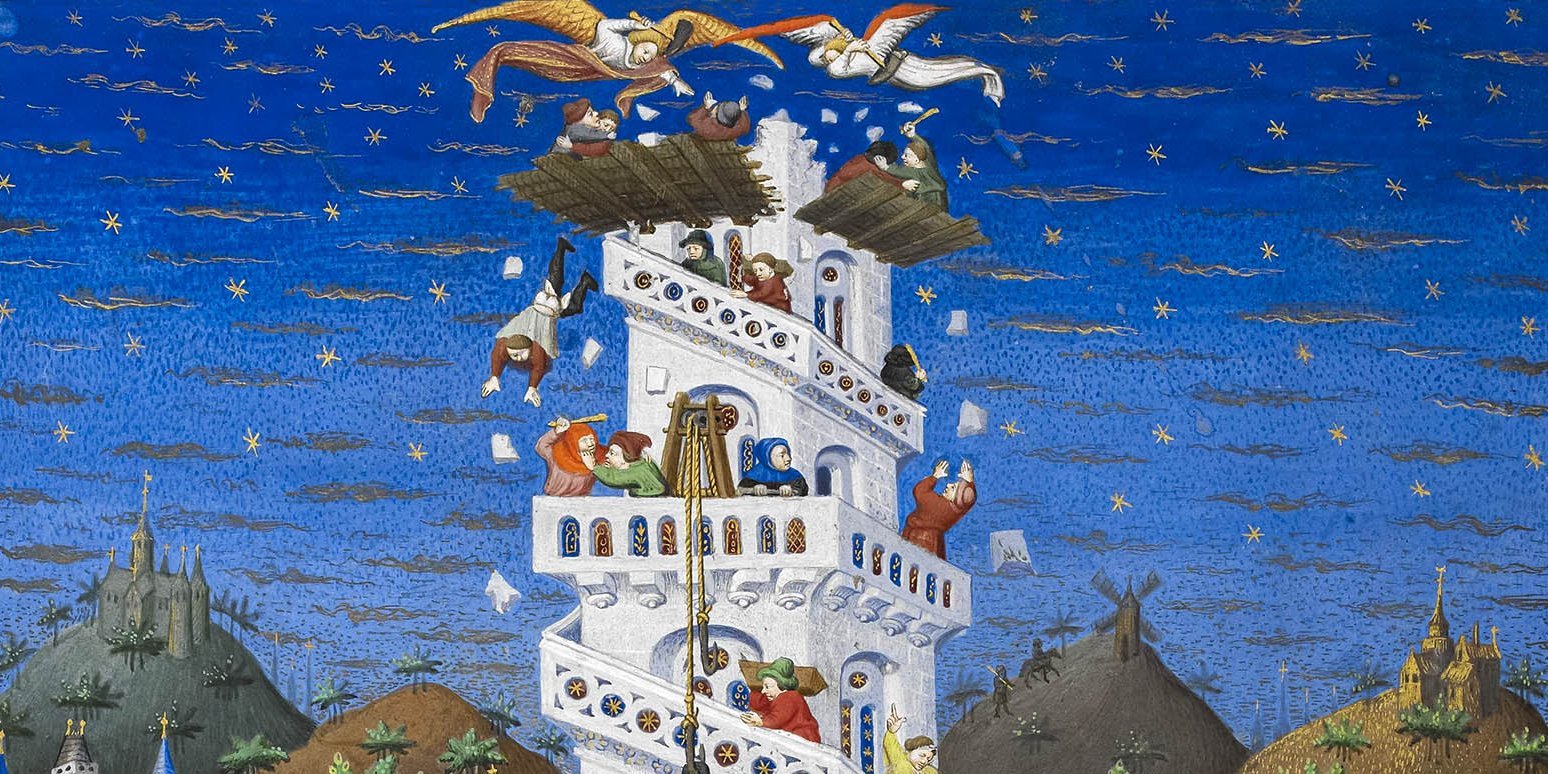 Turmbau zu Babel, Detail aus dem Bedford-Stundenbuch, Anfang 16. Jahrhundert