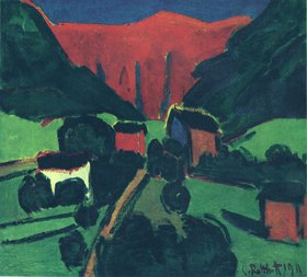 Rot-blau-grünes Gemälde eines kleinen Dorfes